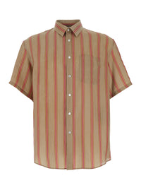 Saint Laurent Men Beige Shirt With Cassandre Embroidery On The Front And All-Over Striped Motif In Cupro For Men
