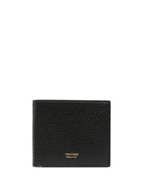 Tom Ford Men Black Leather Bi-Fold Wallet With Gold Embossed Logo For Men
