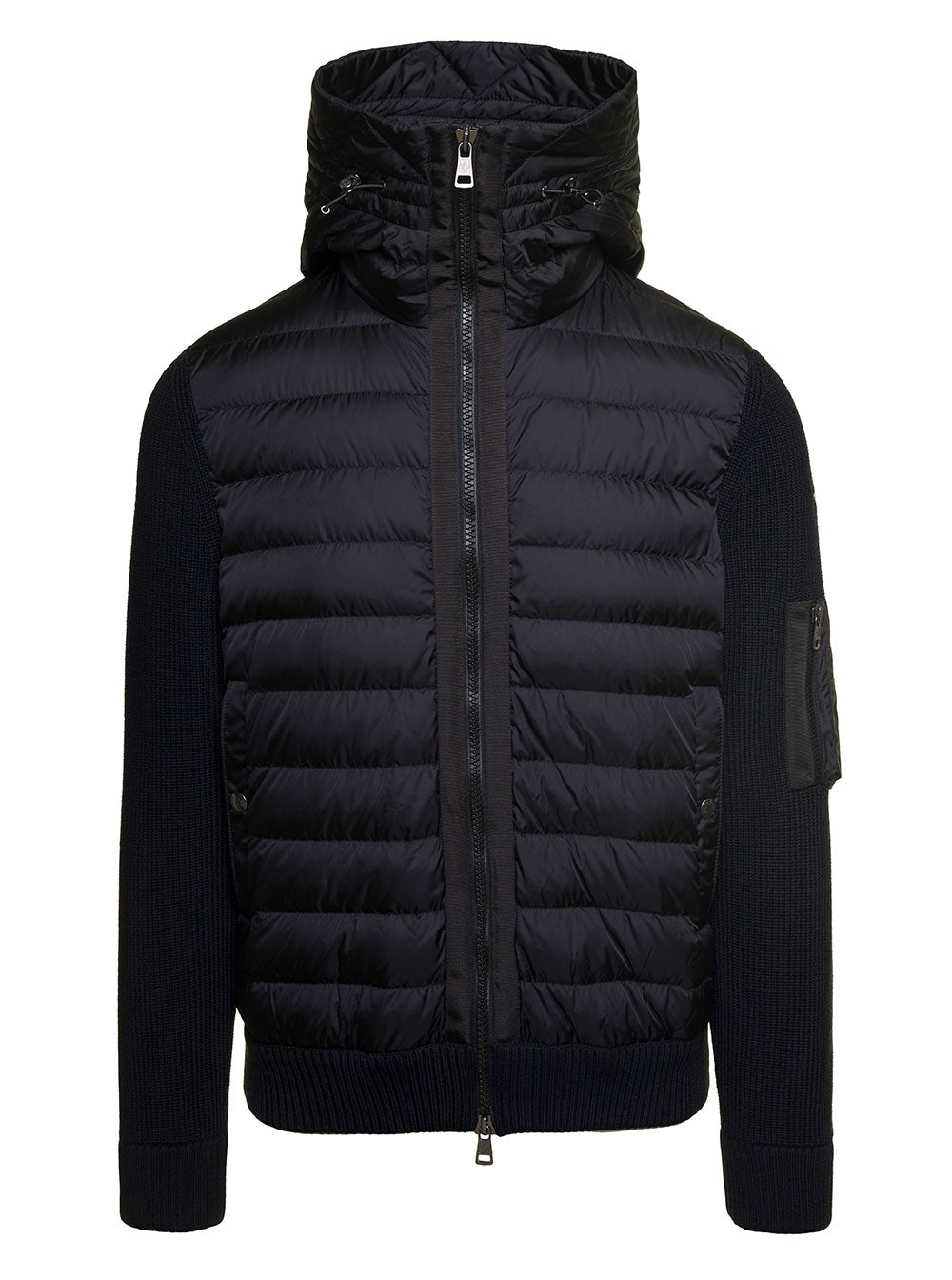 Moncler Men Cardigan Con Cappucico E Patch Logo Sulla Manica In Tessuto Tecnico E Lana Nero Uomo