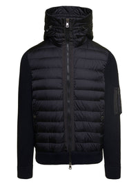 Moncler Men Cardigan Con Cappucico E Patch Logo Sulla Manica In Tessuto Tecnico E Lana Nero Uomo