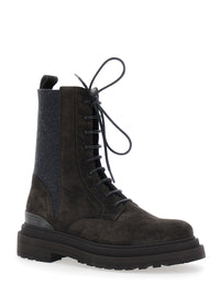 Brunello Cucinelli Women Brown Ankle Boots With Lace Closure And Monil Detail On The Back In Suede For Women