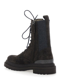 Brunello Cucinelli Women Brown Ankle Boots With Lace Closure And Monil Detail On The Back In Suede For Women