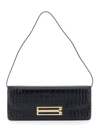 Victoria Beckham Women 'Dorian East-West' Black Shoulder Bag With Plaque Closure On The Front And Crocodile-Embossed Effect In Leather For Women