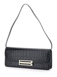 Victoria Beckham Women 'Dorian East-West' Black Shoulder Bag With Plaque Closure On The Front And Crocodile-Embossed Effect In Leather For Women