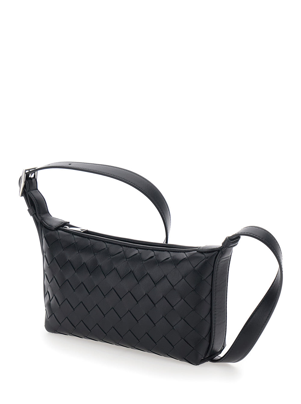 Bottega Veneta Men 'Traveler' Black Crossbody Bag With Adjustable Strap And Intreccio Motif In Leather For Men