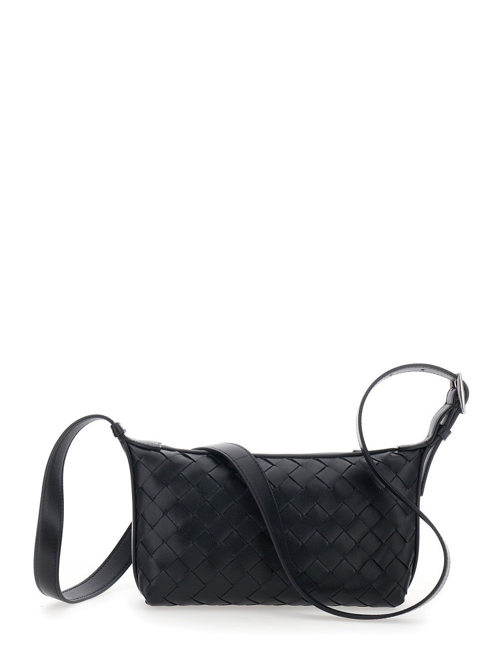 Bottega Veneta Men 'Traveler' Black Crossbody Bag With Adjustable Strap And Intreccio Motif In Leather For Men