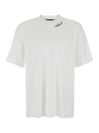 Amiri Men White Crew Neck T-Shirt With Wide Short Sleeves And Logo Lettering Embroidery On The Neck In Tech Fabric For Men