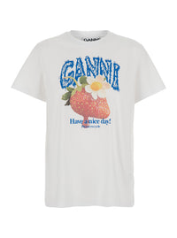 GANNI Ganni Women White Crew Neck T-Shirt With Large Logo Lettering Print And Strawberries On The Front In Cotton For Women