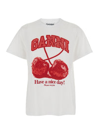 Ganni Women White Crew Neck T-Shirt With Large Logo Lettering And Cherries On The Front In Cotton For Women