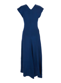 Victoria Beckham Women 'Aria' Blue Long Dress With Round Neck And Ruffles On The Front In Viscose Blend For Women