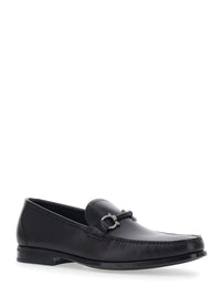 Ferragamo Men Black Loafers With Gancini Detail On The Front In Leather For Men