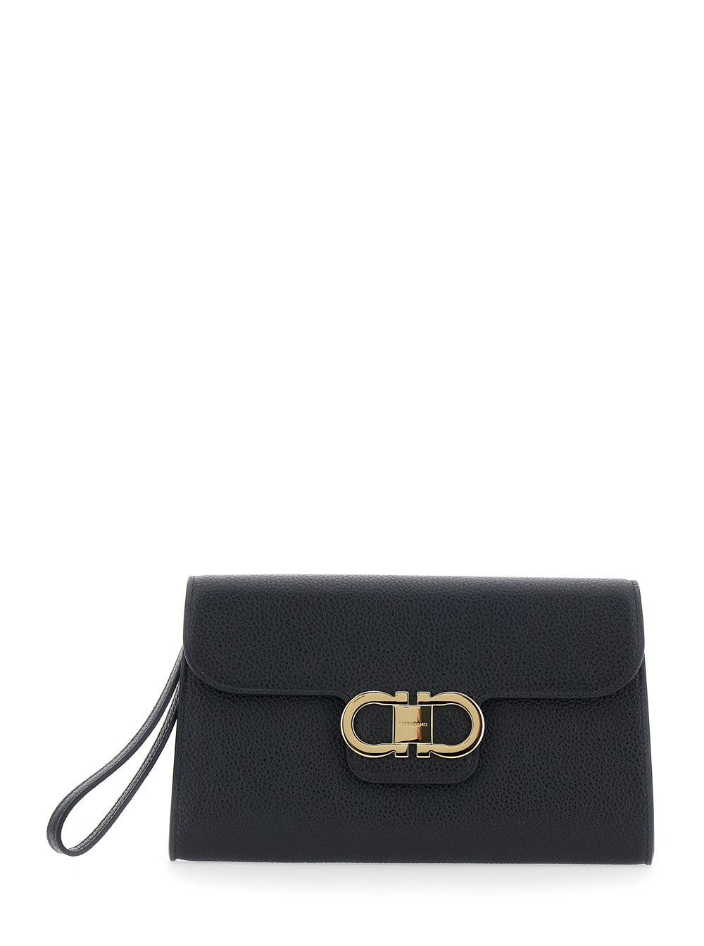 FERRAGAMO Ferragamo Women Black Clutch With Double Gancini Buckle On The Front In Grained Leather For Women