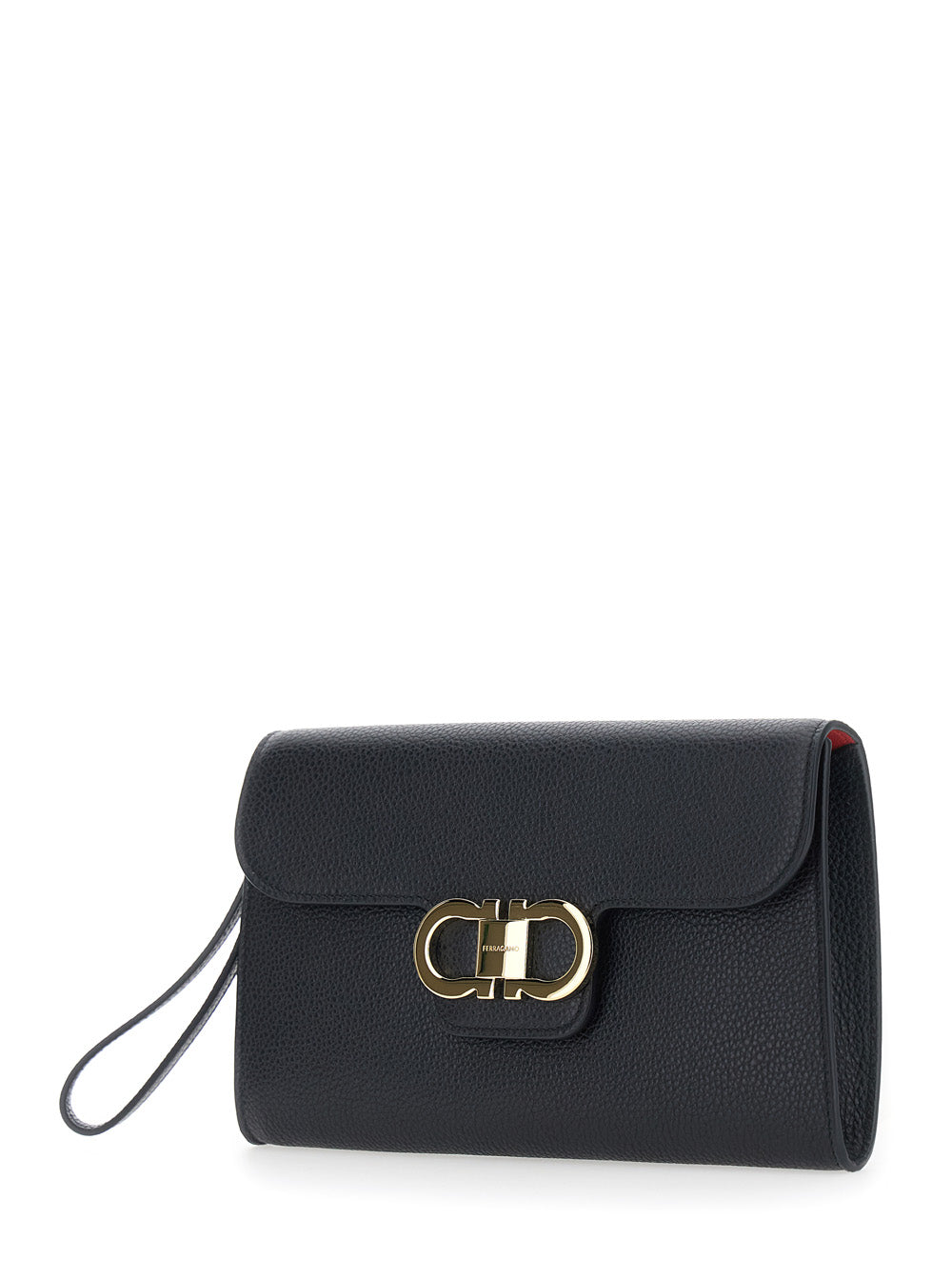 FERRAGAMO Ferragamo Women Black Clutch With Double Gancini Buckle On The Front In Grained Leather For Women