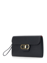 FERRAGAMO Ferragamo Women Black Clutch With Double Gancini Buckle On The Front In Grained Leather For Women