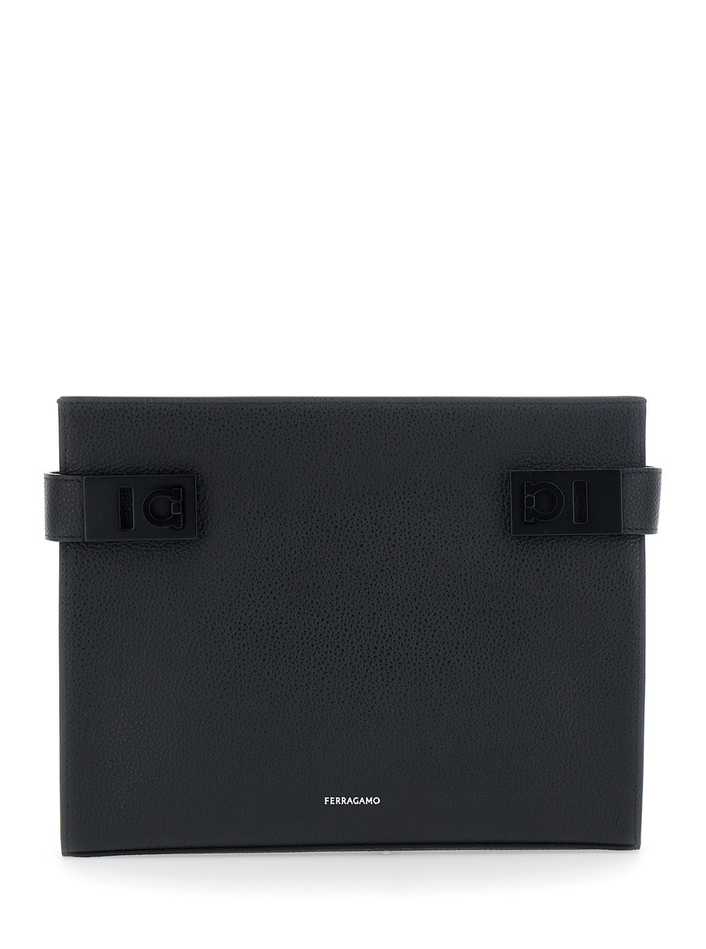 FERRAGAMO Ferragamo Men Black Clutch With Hug Side Buckles And Logo In Leather For Men