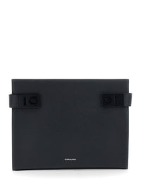 FERRAGAMO Ferragamo Men Black Clutch With Hug Side Buckles And Logo In Leather For Men