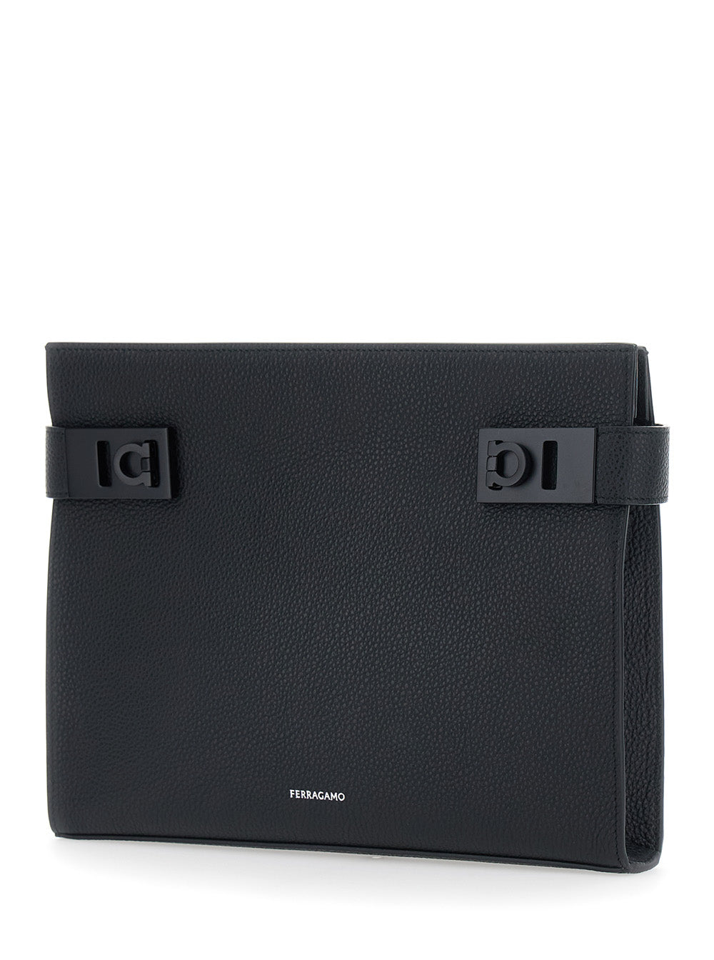 FERRAGAMO Ferragamo Men Black Clutch With Hug Side Buckles And Logo In Leather For Men