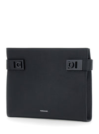 FERRAGAMO Ferragamo Men Black Clutch With Hug Side Buckles And Logo In Leather For Men