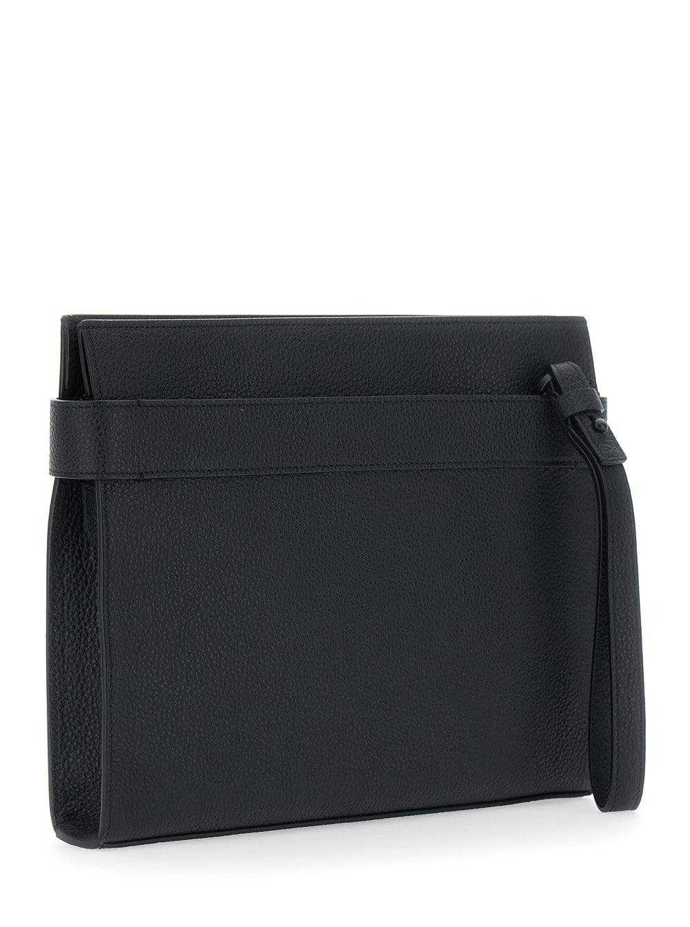FERRAGAMO Ferragamo Men Black Clutch With Hug Side Buckles And Logo In Leather For Men