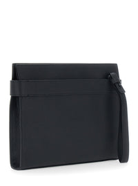 FERRAGAMO Ferragamo Men Black Clutch With Hug Side Buckles And Logo In Leather For Men