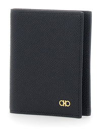 Ferragamo Men 'Micro Gancini' Black Card Holder Bi-Fold With Logo In Grained Leather Men
