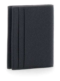 Ferragamo Men 'Micro Gancini' Black Card Holder Bi-Fold With Logo In Grained Leather Men