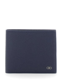 Ferragamo Men 'Micro Gancini' Blue Bi-Fold Wallet With Logo In Grained Leather Men
