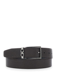 Ferragamo Men Brown Reversible Belt With Gancini Buckle In Grained Leather Men