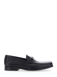 Ferragamo Men Black Loafers With Gancini Detail On The Front In Leather For Men
