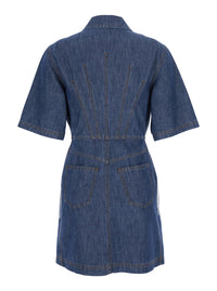 Fendi Women Blue Dress With Classic Collar And Leather Logo Patch On The Front In Denim For Women