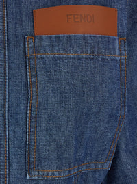 Fendi Women Blue Dress With Classic Collar And Leather Logo Patch On The Front In Denim For Women