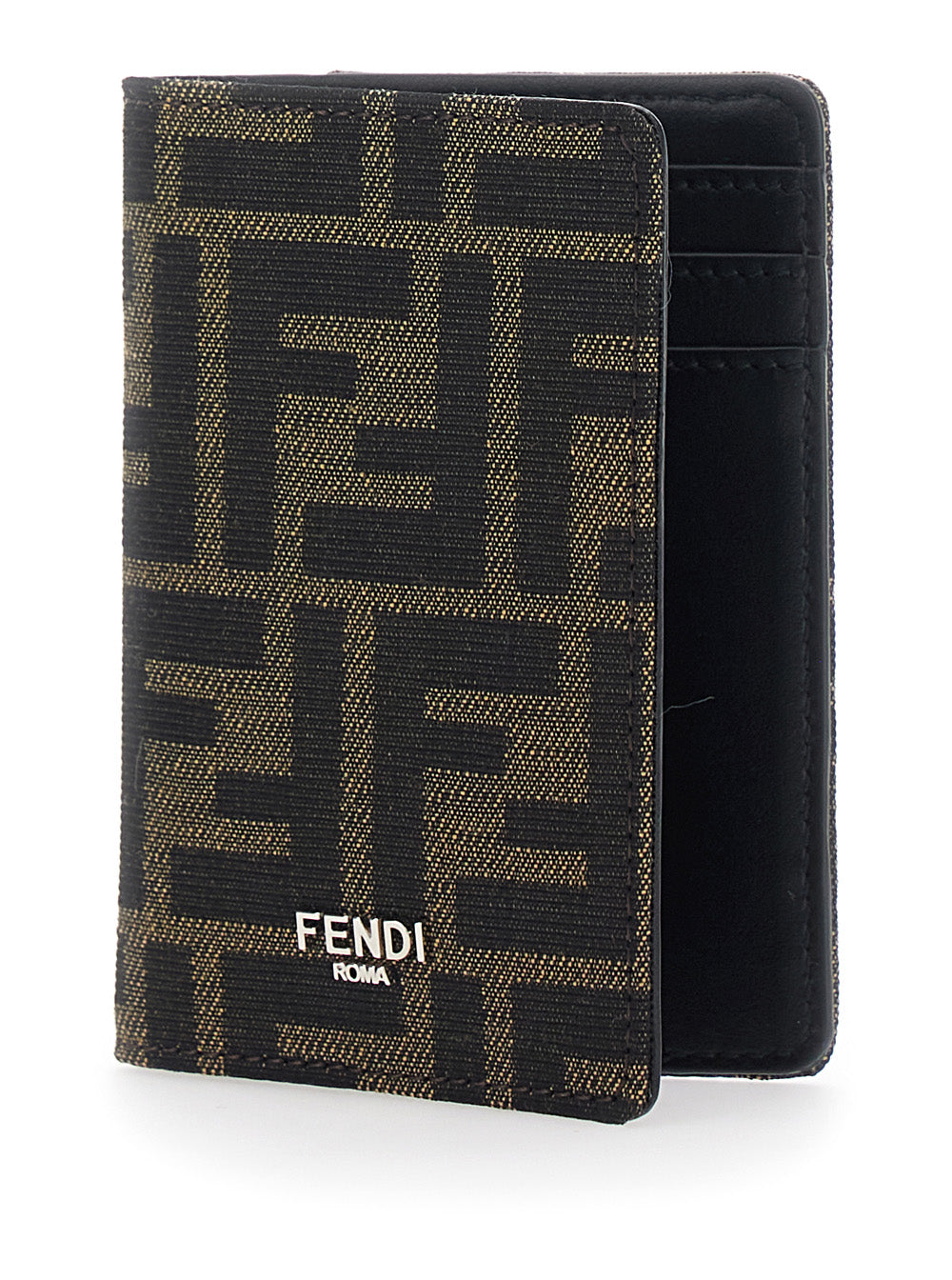 Fendi Men Card Holder With Logo On The Front And Ff Motif All Over In Brown Fabric For Men