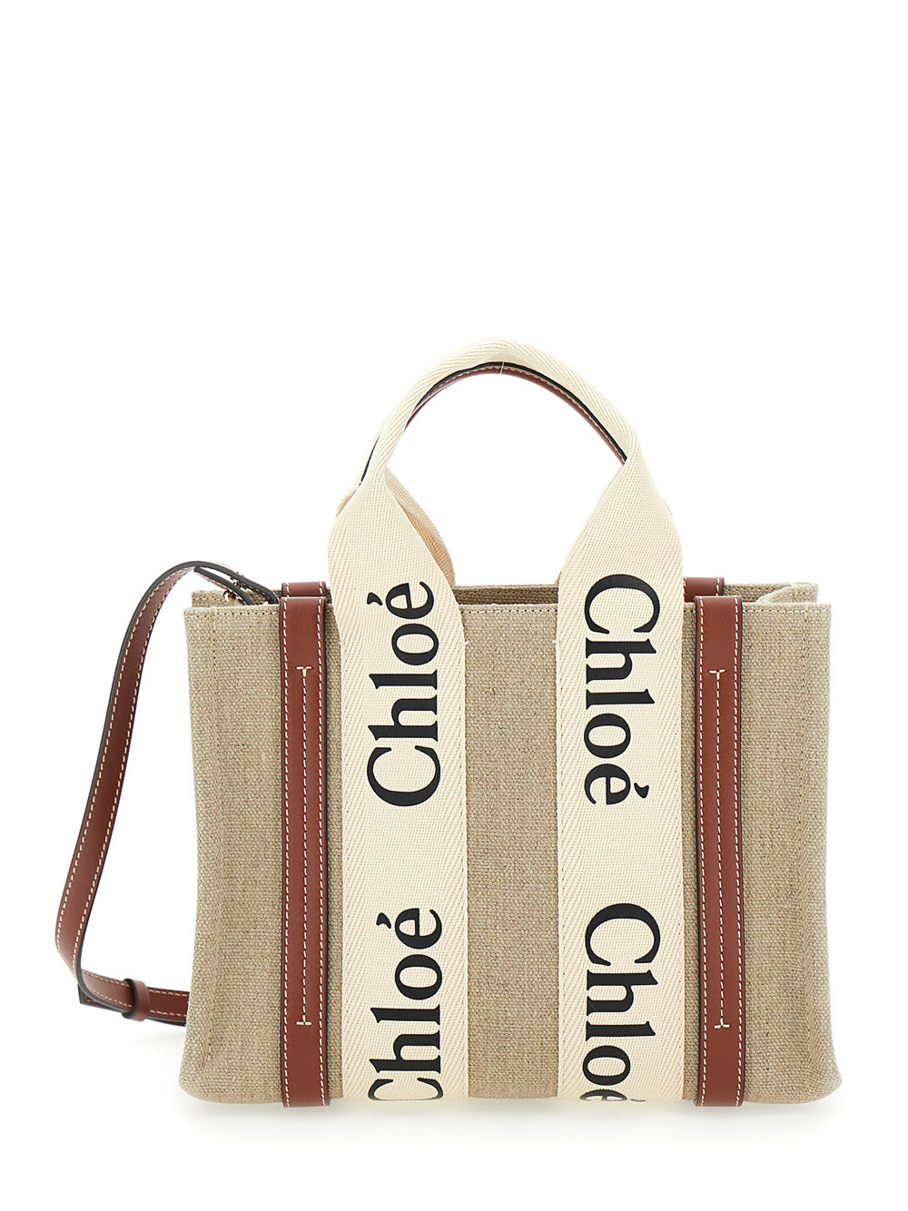 CHLOÉ Chloé Women Tote Bag 'Woody' With Logoed Straps In Canvas And Leather Beige Woman