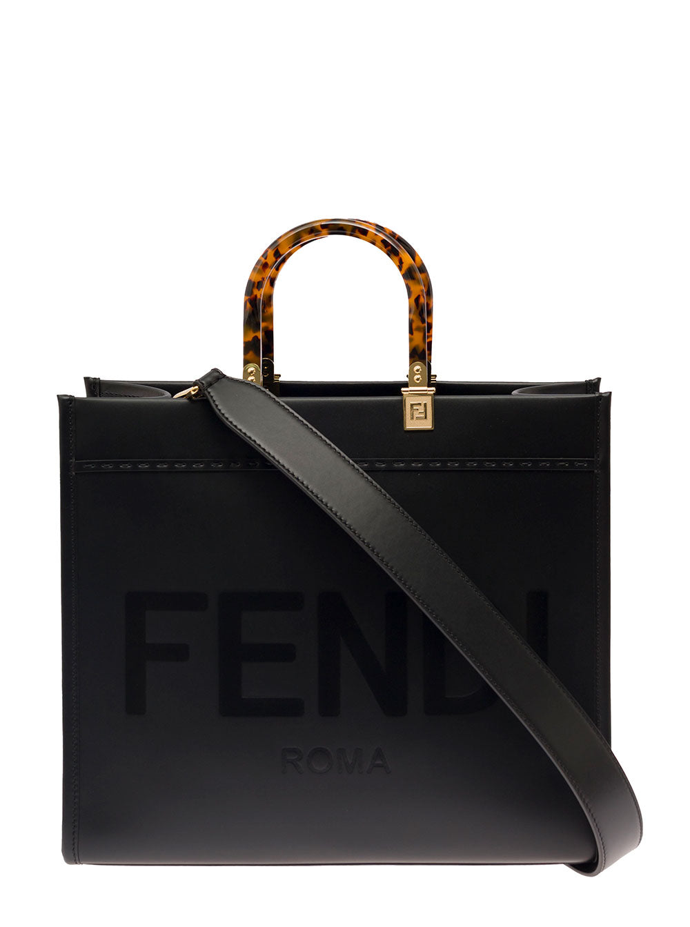 Fendi Women Handbag 'Sunshine' With Embossed Logo And Turtle Effect Handle In Black Leather For Women