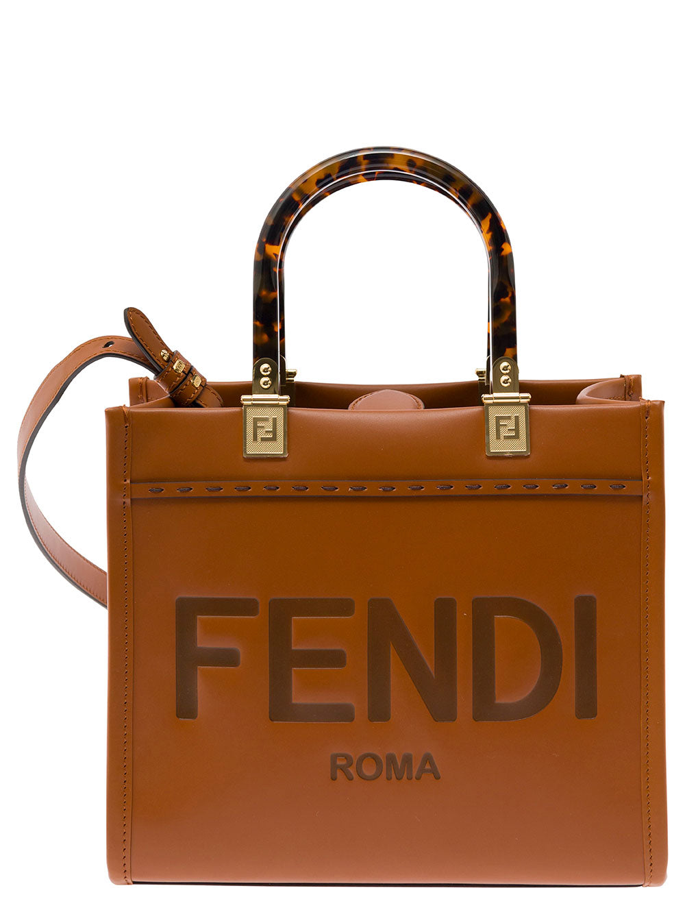 Fendi Women Tote Bag 'Sunshine Piccola' With Embossed Logo And Turtle Effect Handle In Brown Leather For Women