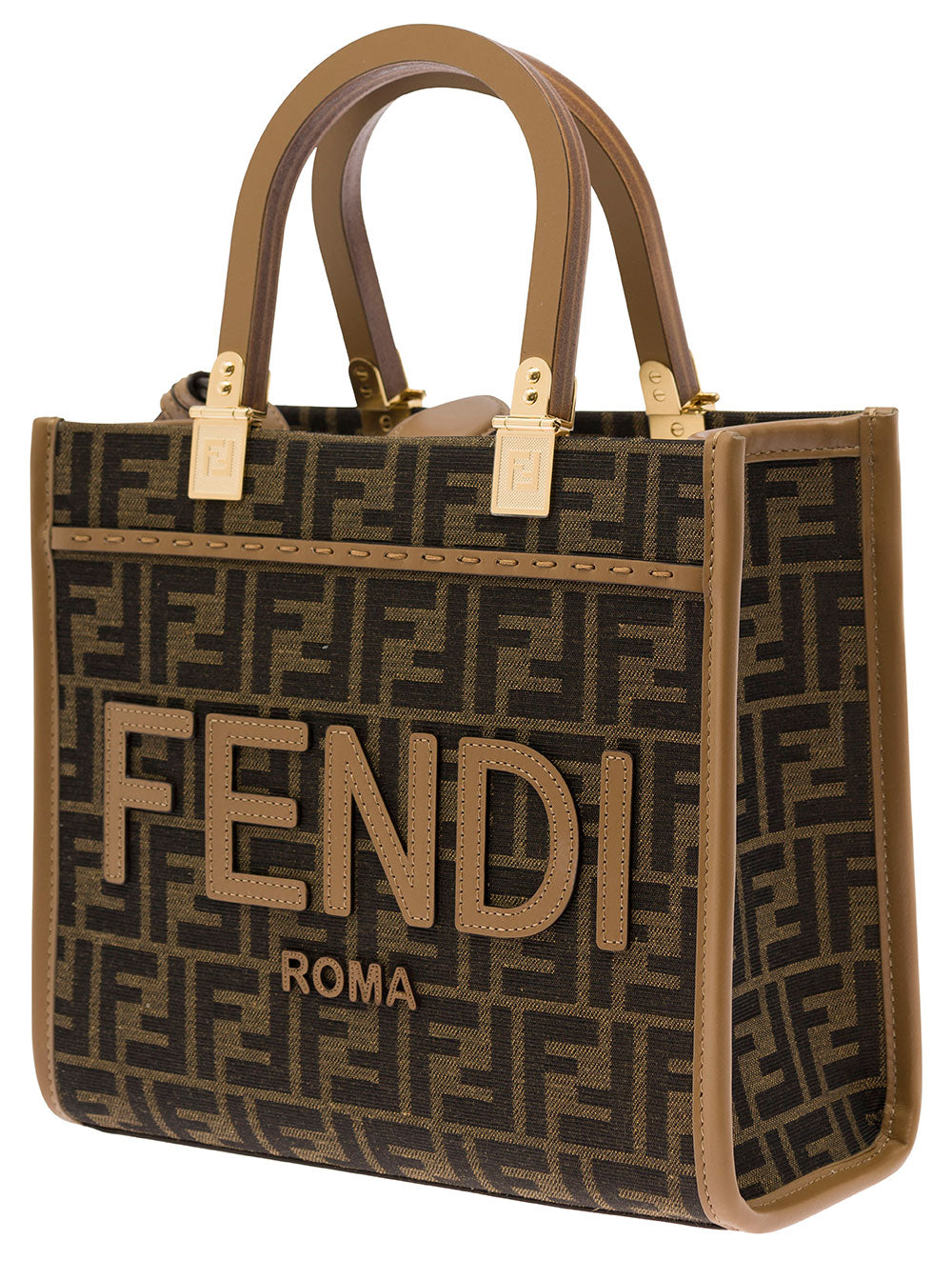 Fendi Women Tote Bag 'Piccola Sunshine' With Ff Jacquard Fabric And Brown Leather For Women