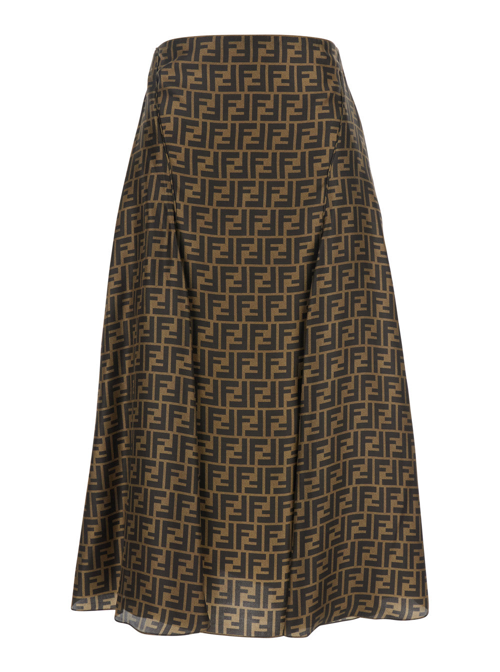 Fendi Women Brown Midi Flared Skirt With Ff All-Over Motif In Silk For Women