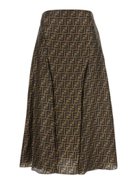 Fendi Women Brown Midi Flared Skirt With Ff All-Over Motif In Silk For Women