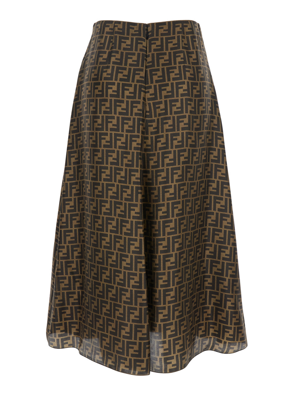 Fendi Women Brown Midi Flared Skirt With Ff All-Over Motif In Silk For Women
