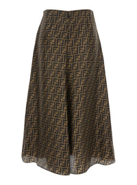 Fendi Women Brown Midi Flared Skirt With Ff All-Over Motif In Silk For Women