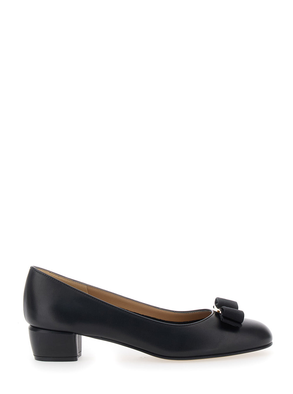 Ferragamo Women Pumps 'Vara' With Wide Low Heel And Logo Plate On The Front In Black Leather For Women