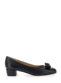 Ferragamo Women Pumps 'Vara' With Wide Low Heel And Logo Plate On The Front In Black Leather For Women