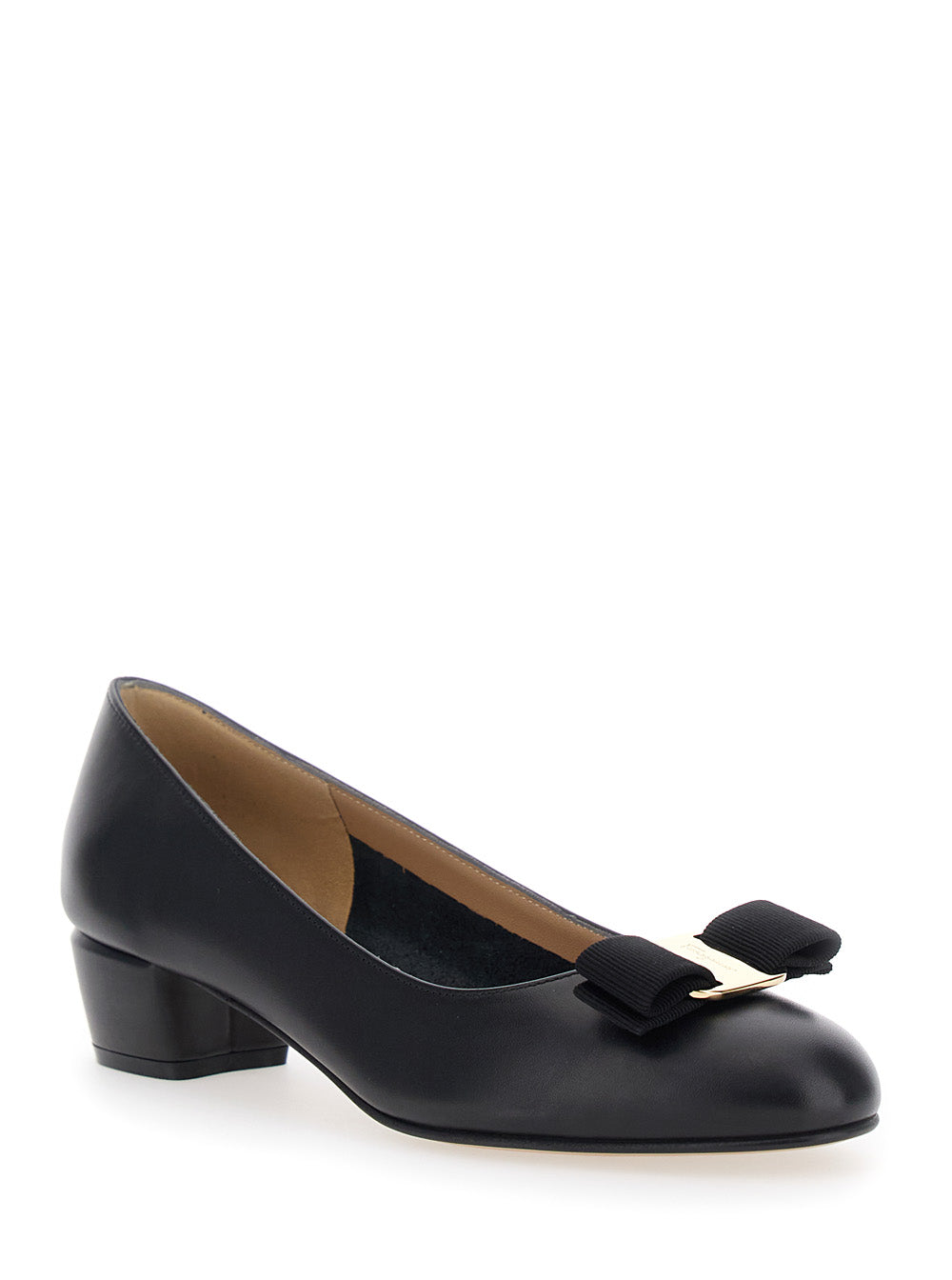 Ferragamo Women Pumps 'Vara' With Wide Low Heel And Logo Plate On The Front In Black Leather For Women