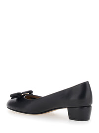 Ferragamo Women Pumps 'Vara' With Wide Low Heel And Logo Plate On The Front In Black Leather For Women