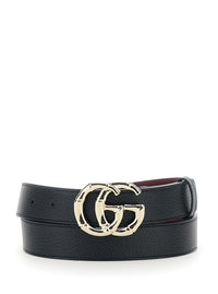 Gucci Women Belt With Gg Buckle In Black Grained Leather For Women