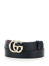 Gucci Women Belt With Gg Buckle In Black Grained Leather For Women