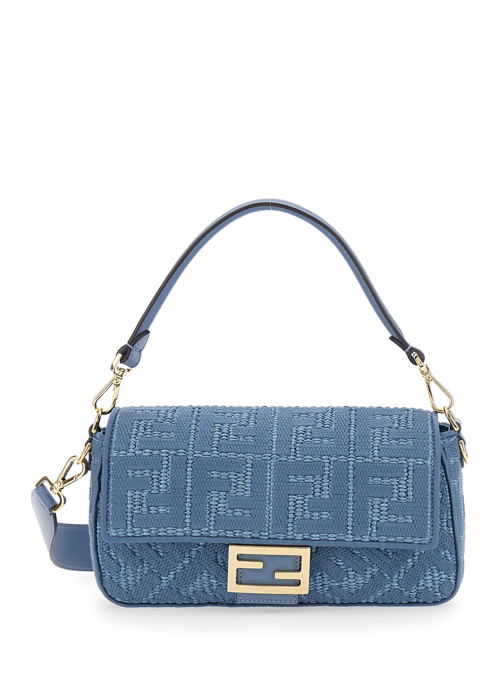 FENDI Fendi Women 'Baguette' Blue Shoulder Bag With Adjustable And Removable Strap And Ff All-Over Embroidery In Raffia For Women