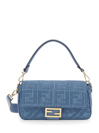 FENDI Fendi Women 'Baguette' Blue Shoulder Bag With Adjustable And Removable Strap And Ff All-Over Embroidery In Raffia For Women