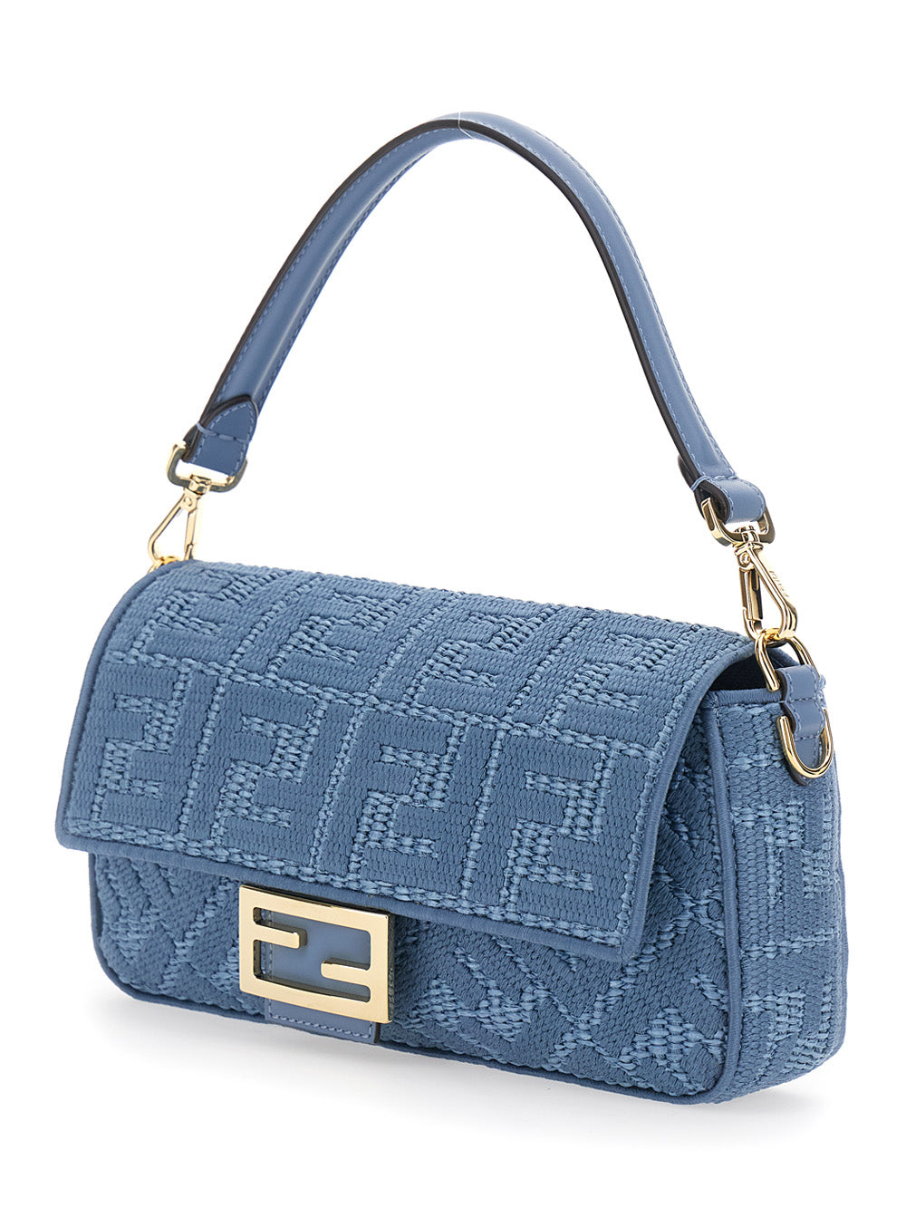 FENDI Fendi Women 'Baguette' Blue Shoulder Bag With Adjustable And Removable Strap And Ff All-Over Embroidery In Raffia For Women