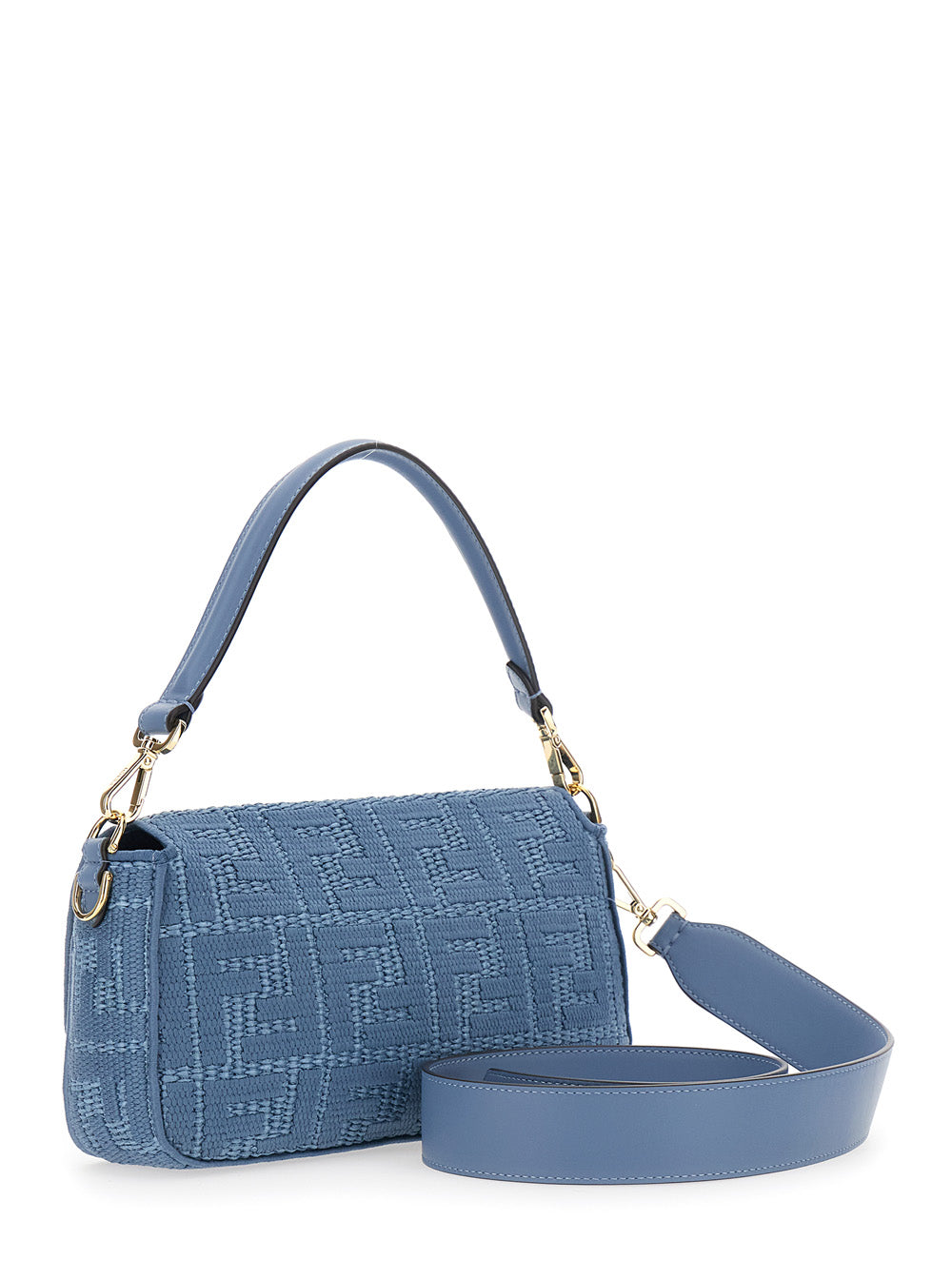 FENDI Fendi Women 'Baguette' Blue Shoulder Bag With Adjustable And Removable Strap And Ff All-Over Embroidery In Raffia For Women
